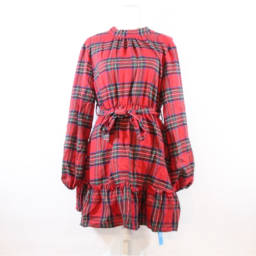 Cupshe Women's Red Plaid Elegant Stand Collar Belted A-line Frill Dress NWT